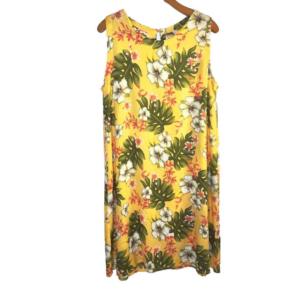 Hibiscus Collection Hawaiian Yellow Floral Flowy Tropical  Dress One Size‎